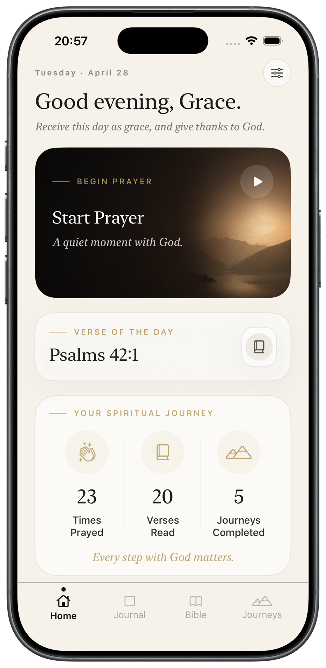Sabbath home screen — guided prayer, every day